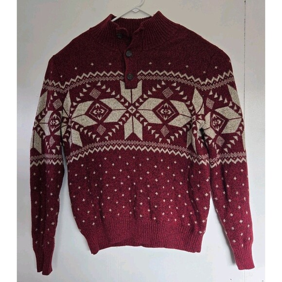 American Eagle Sweater Mens L Fair Isle Red Winter Christmas Fisherman Casual - Picture 1 of 8